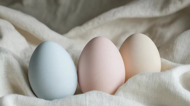 Soft fabric holds a set of colorful eggs in a neat line. The eggs are in shades of blue and light peach. This arrangement shows a spring decoration idea for festive events