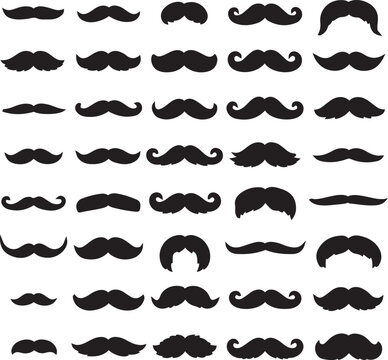 Men mustache. Black silhouette of curly facial hair, fun hipster logo, retro male whiskers, mustache shave and barber symbols collection 30 Styles Vector Set
