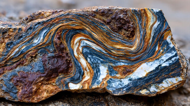 Ptygmatic fold in migmatite, highly contorted leucosome vein folded within melanosome gneiss host, high-grade metamorphic ductile deformation record, geological field specimen .ultra photorealism, c