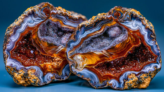 Quartz geode pair showing halved thunderegg agate exterior and sparkling druzy chalcedony interior crystal lining, nodular chert formation, mineralogical specimen backlit documentation .ultra photor