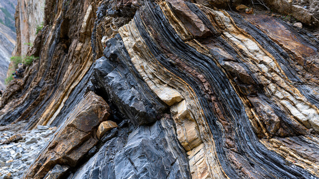Recumbent fold geological formation at cliff exposure, limestone strata dramatically curved through ductile deformation under tectonic compression, anticline syncline sequence, field geology documen