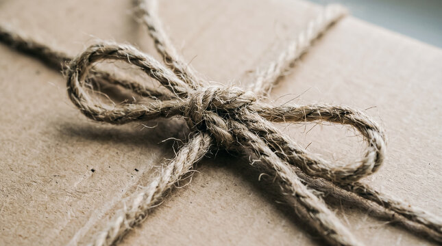 Macro photography of a rough jute twine knot on a brown cardboard box in natural earthy tones representing eco-friendly sustainable packaging and rustic delivery aesthetic