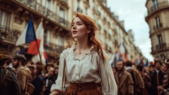 A young woman stands amid a large street crowd in Paris, French flags visible behind her, conveying civic pride and determined spirit during a public demonstration.