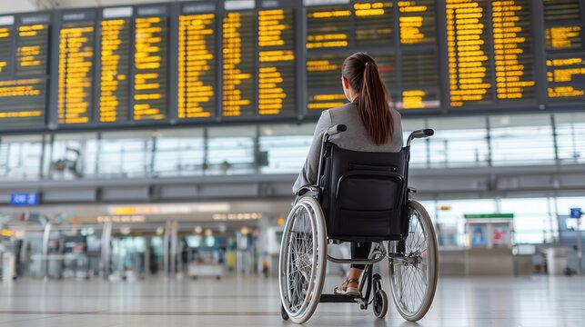 A young woman in a wheelchair faces a large departure board inside a modern airport terminal, conveying independence and accessibility in travel with a contemplative atmosphere.