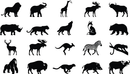 Black silhouettes of wild animals, safari wildlife, zoo fauna, and forest mammals collection isolated on a white background © Mst Shamima