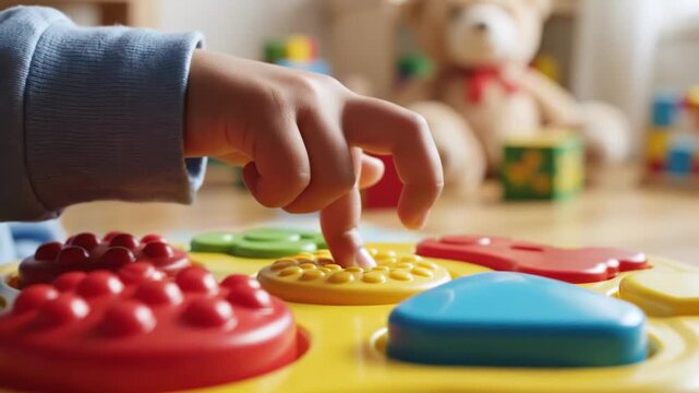 Close-up of childs hand playing with colorful sensory toy, developing fine motor skills.