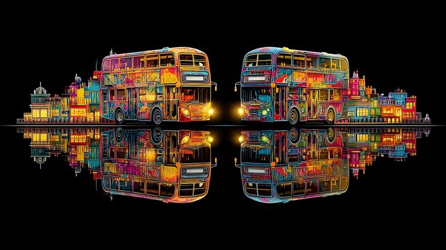 Neon lit double decker bus driving through colorful night city streets