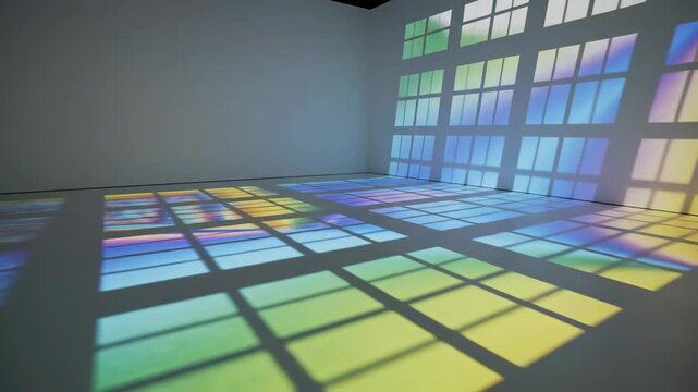 Dynamic Light Art Installation with Colorful Window Patterns on Walls and Floor.