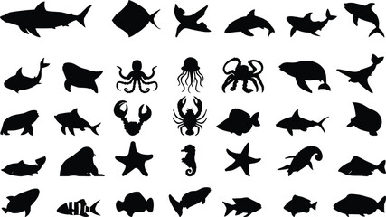 Sea creatures and marine life silhouettes set featuring sharks, dolphins, fish, octopus, crab, starfish, and aquatic animals vector icons collection © Mst Shamima