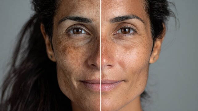 Before and after facial treatment: split-face portrait highlighting reduction in melasma and pore visibility
