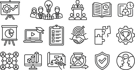 Fototapeta premium Corporate business training and project management line icon set vector elements for workflow optimization strategic planning leadership education and teamwork solutions