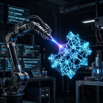 Bras robotique de pr&eacute;cision manipulant une structure de donn&eacute;es lumineuse