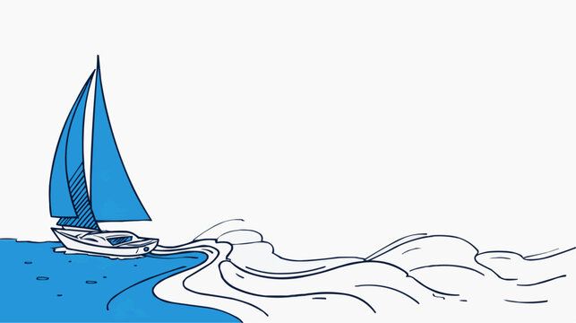 Hand drawn sailboat with blue sail cruising on calm ocean water against a clean white background feeling peaceful and free