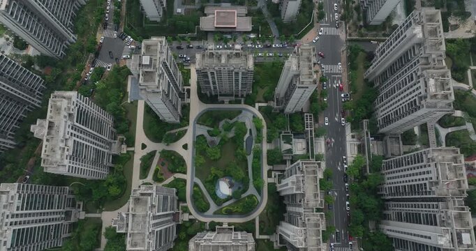Aerial footage of new modern apartment building in Chengdu city, China