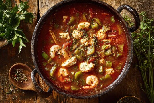 Seafood gumbo in a rustic cast-iron pot: top-down Cajun Creole stew with fish, shrimp and okra