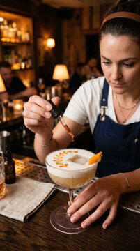 Barmaid professionnelle ajoutant une finition au compte-gouttes sur un cocktail sophistiqu&eacute;