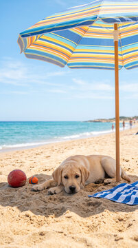 Jeune chiot labrador assis sur le sable sous un parasol &agrave; la plage