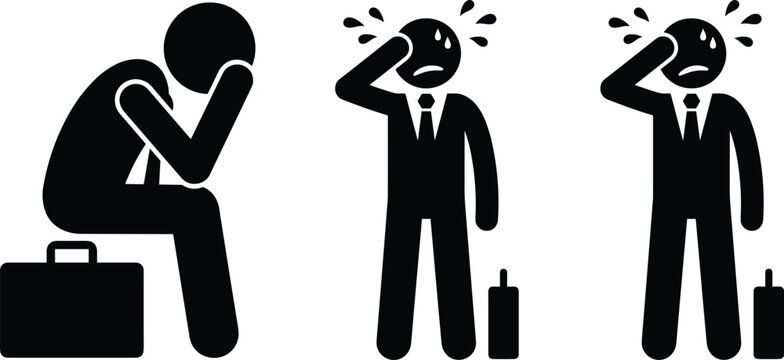 Businessman silhouette stressed, workplace fatigue, corporate pressure, office stress icon, professional exhaustion, black silhouette art, business stress illustration