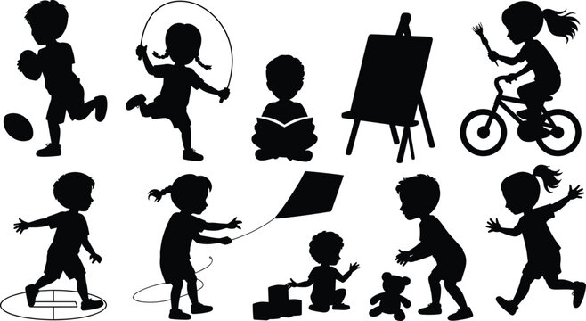 Children activity silhouettes playing reading painting cycling sports creative fun childhood outdoor movement imagination vector illustration black design collection