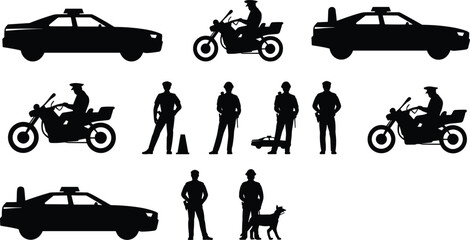 Police silhouettes collection, officers cars motorcycles dogs, law enforcement vector, traffic control security illustration, public safety design artwork © Sabbir's World