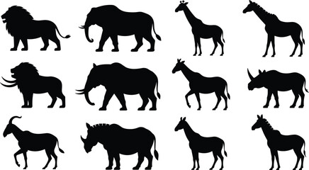 Silhouette vector set of wild animals including lion, elephant, giraffe, rhino, zebra, and horse for safari design © Sabbir's World
