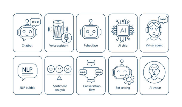 AI assistants and chatbots line icon set