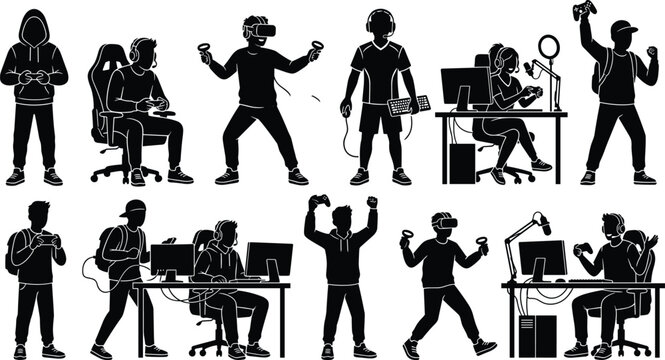 Silhouette vector set of gamers and streamers using computers, consoles, and VR headsets for modern gaming and e‑sports illustration