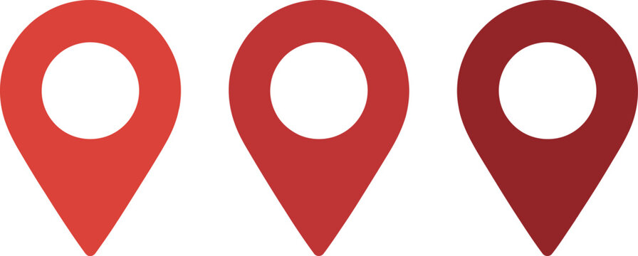 Location pin icon set, classic map markers with drop shadows isolated on transparent background for navigation GPS and location services.