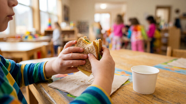 Close-up of child's hands holding sandwich at classroom table