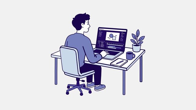 An animated illustration of a man working on laptop using motion design tool like aftereffects to make animations, solid blue, navy blue colors with white background