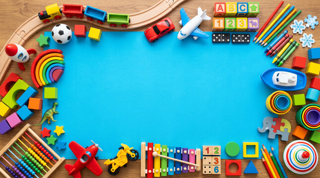 Colorful children's toys border frame around blue copy space background