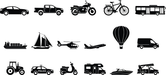 Transportation and vehicles black silhouette icon set featuring sedan truck motorcycle bicycle bus airplane ship and logistics machinery © Mst Shamima