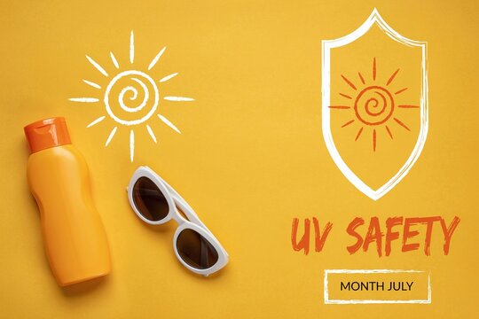 UV safety month July sunscreen bottle sunglasses sun shield yellow flat lay graphic