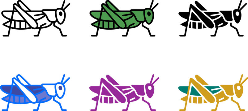 Colorful grasshopper icons in different colors on white background