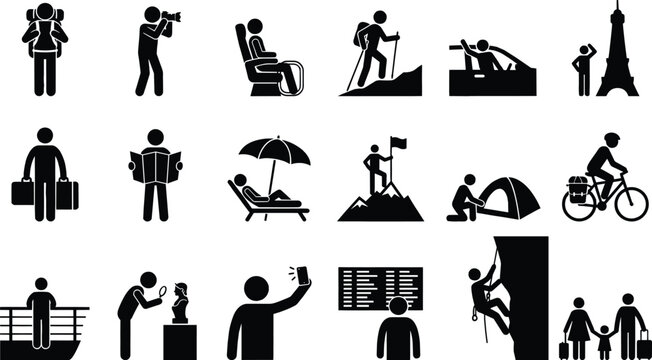 Travel tourism and outdoor recreation stick figure icon set featuring hiking sightseeing camping photography and vacation activities