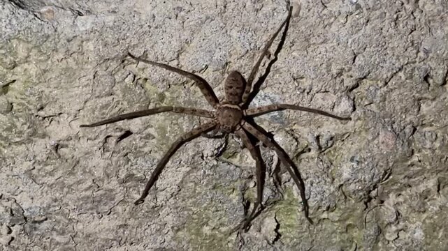 A huntsman spider heteropoda venatoria with flattened body and sprawling legs, often called giant crab spider.