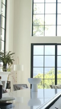Vertical video: Panning camera from two-story grid windows, showing glossy island with black faucet
