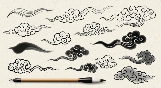 Traditional Asian ink brush clouds and calligraphy brush set