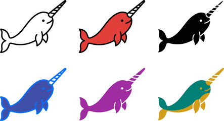 Colorful narwhal icons in different styles and colors on white background © Khatunay JANNATARA