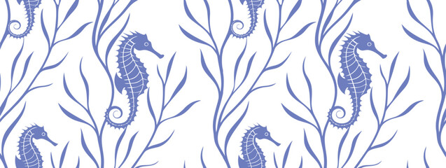 Seamless seahorse and seaweed pattern featuring delicate blue line art marine motifs. Coastal underwater background ideal for textiles, wallpaper, wrapping paper and ocean inspired  © Parul