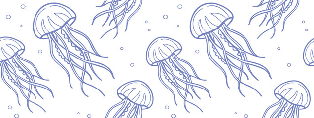 Seamless jellyfish pattern featuring hand drawn marine creatures and floating bubbles in delicate blue line art. Ocean inspired background for textiles and coastal themes. Ideal for decor. © Parul