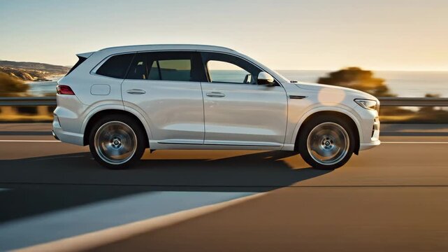 White crossover cruising coastal highway at sunset, smooth motion blur and sun flare highlight metallic finish, ocean backdrop and guardrail streak past, spinning wheels and dynamic panning