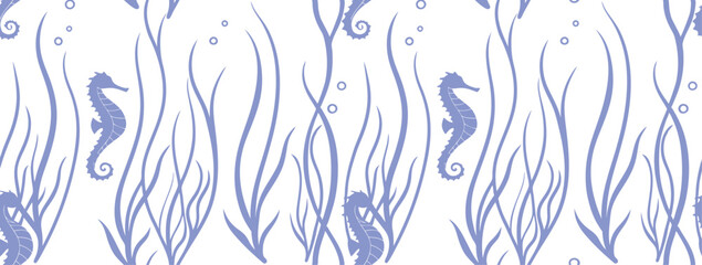 Seamless seahorse pattern featuring elegant marine silhouettes and flowing ocean vines in soft blue tones. Decorative underwater motifs create a calming coastal aesthetic. Perfect for fabric,  © Parul
