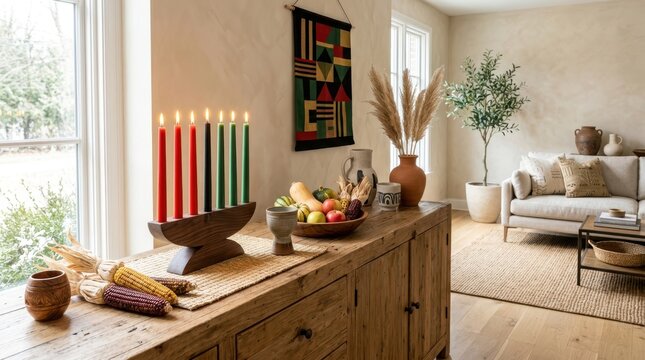 Kwanzaa celebration with kinara and traditional decorations on a wooden sideboard