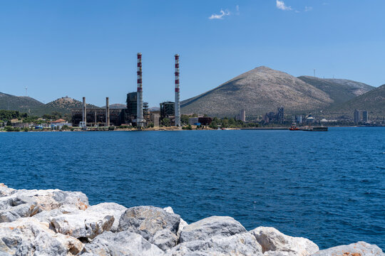 Industrial factory and power plant facility on the coast of Evia island Greece