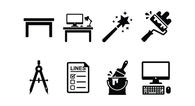 Flat Vector Icons Of Office And Art Supplies On White Background