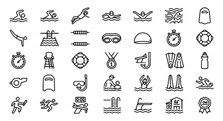 Swim Editable Stroke Line Icons Set with Swimming Styles Pool Equipment Aquatic Sports and Water Safety Symbols © Mst.Momtaz Begum