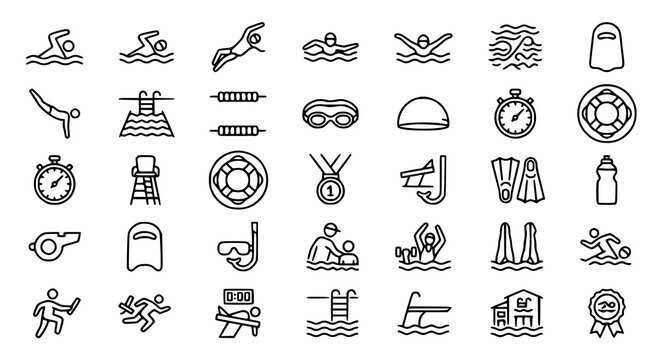 Swimming Line Icons Pack Featuring Swim Genres Aquatic Sports Pool Equipment and Water Safety Elements
