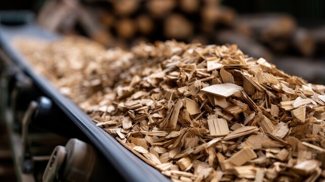 Industrial conveyor belt transporting wood chips in sawmill