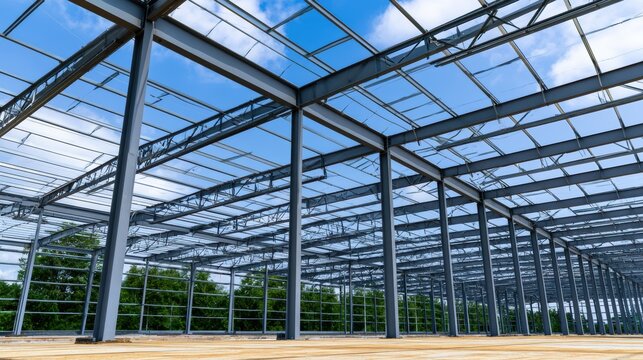 Industrial steel building construction framework under blue sky